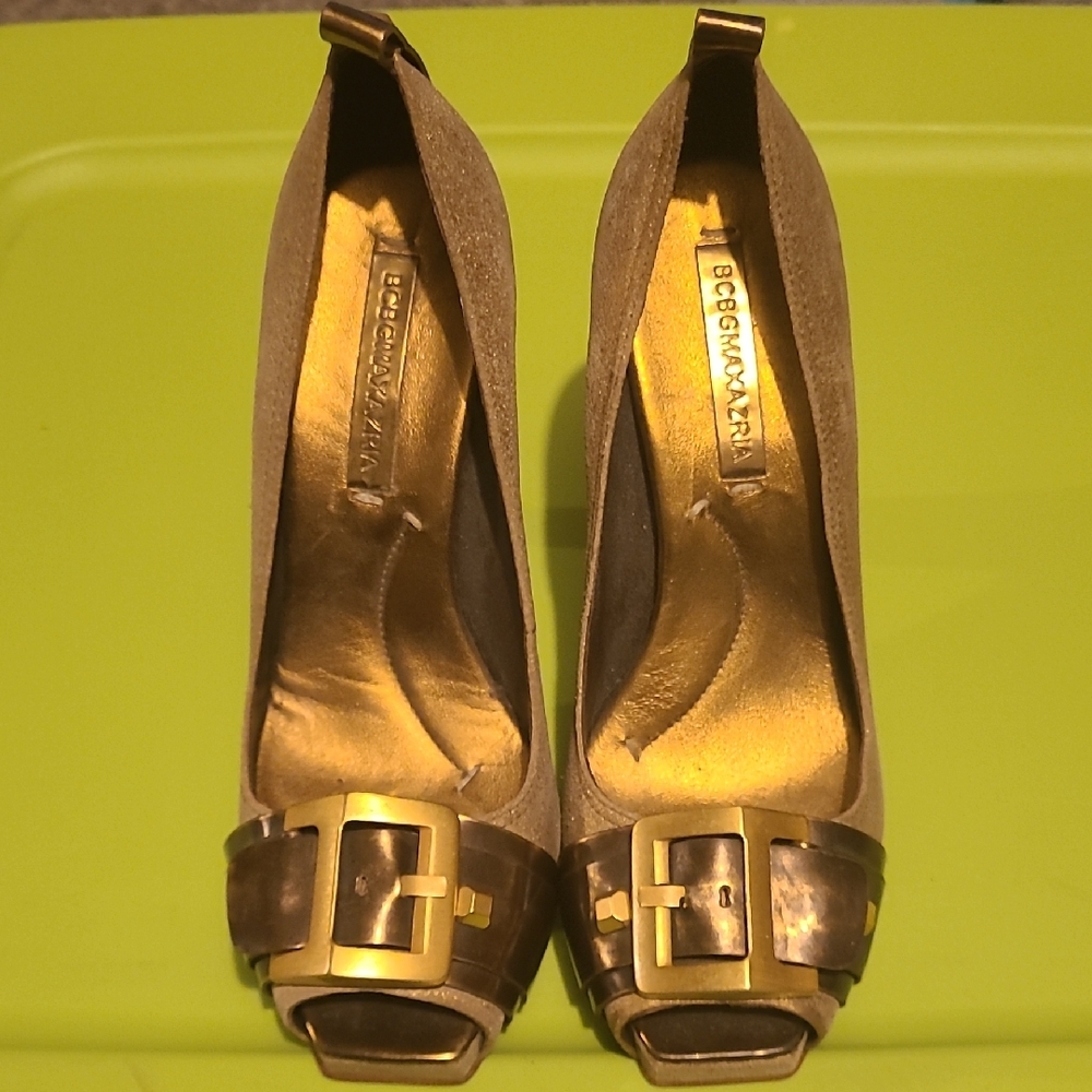 BCBGMaxAzria Tan Peep-Toe Heels with Bold Buckle
